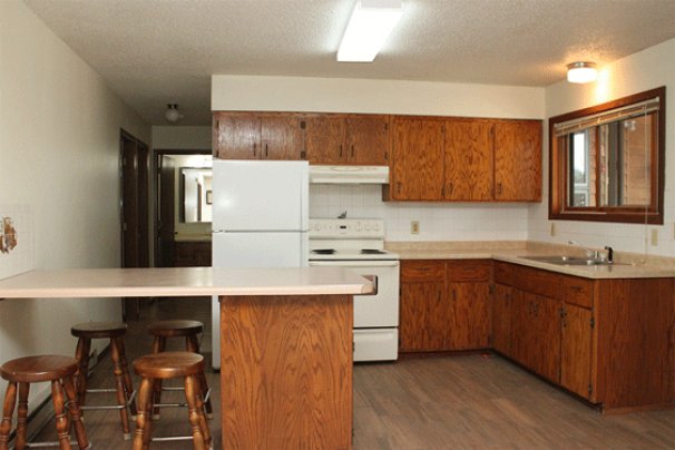 Kitchen and Dining Bar with 4 Wood Stools